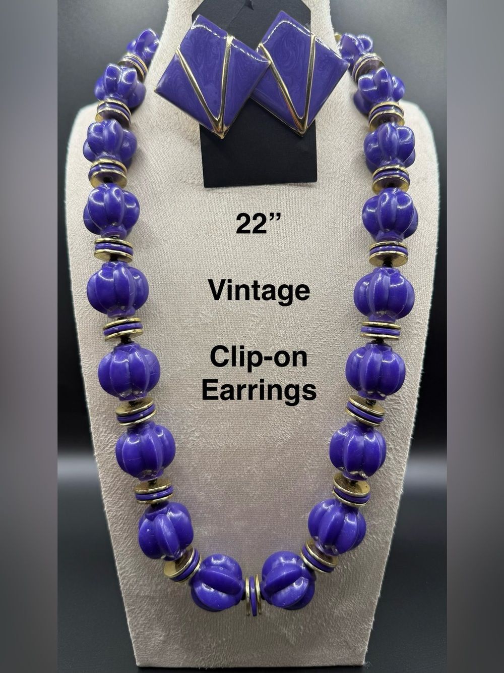 184. Vintage Purple Bead Necklace with Clip-On Earrings